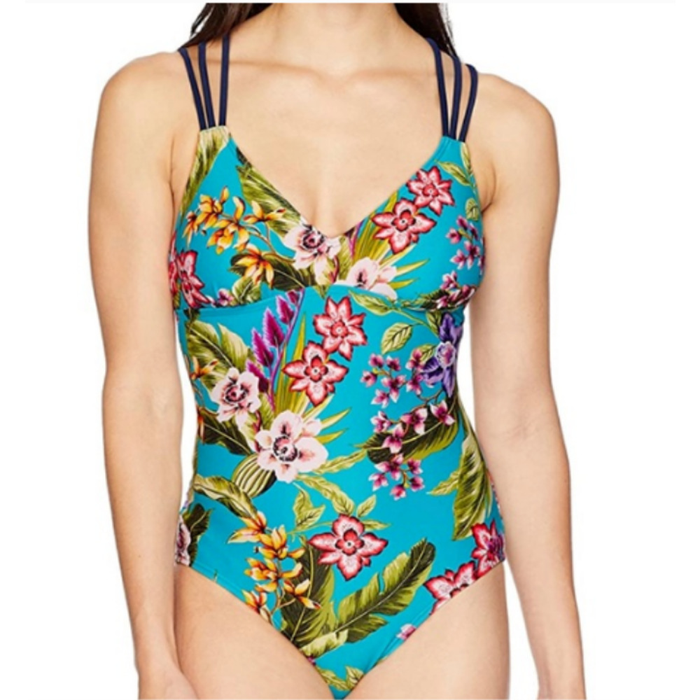Coastal Blue Tropical Floral V-neck One Piece Swimsuit Multi Size M 11237